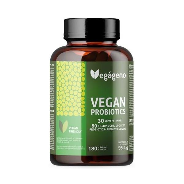 Vegágeno Probiotique Flore Intestinale 180 gélules végétales, 30 souches bactériennes avec zinc, 80 milliards UFC - Probiotiq
