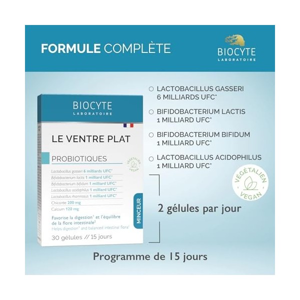 BIOCYTE Le Ventre Plat - Complément Alimentaire Minceur Double Action - Favorise la digestion, Equilibre Flore Intestinale - 