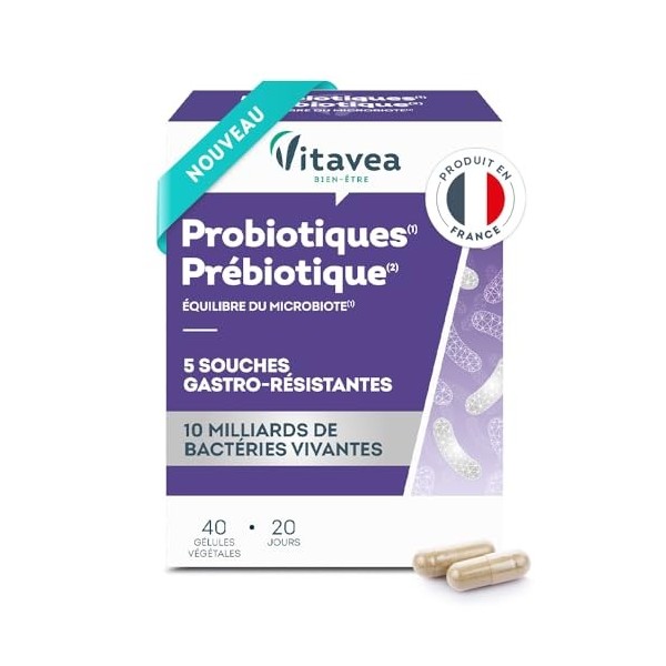 VITAVEA BIEN-ETRE - Probiotiques Prébiotique - Probiotique Flore Intestinale - Equilibre intestinal et digestif - 5 souches p