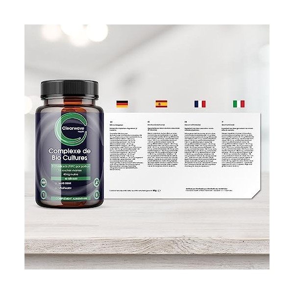 Probiotiques et prébiotiques complexes Bio Cultures - 51,5 milliards dUFC - 15 cultures bactériennes vivantes - 60 capsules 