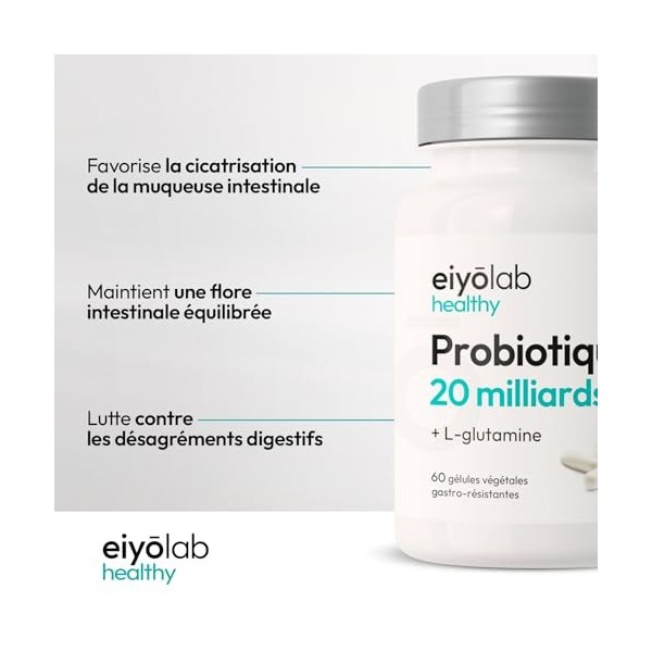 Probiotiques 20 Milliards d’UFC + Glutamine | Flore Intestinale et Cicatrisation de la Muqueuse | Idéal Contre la Perméabilit