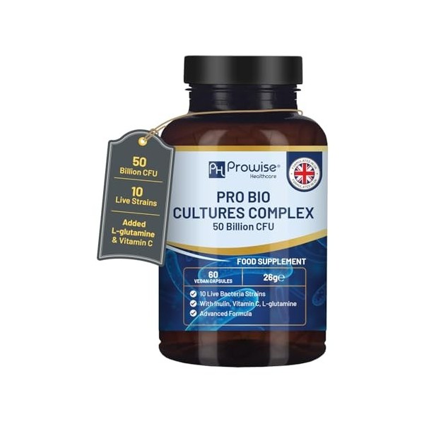 Complexe de probiotiques et prébiotiques Bio Cultures - 50 milliards dUFC - 10 souches de bactéries vivantes - additionnées 