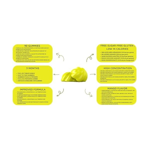 Gommes probiotiques | 90 gummies | 1000 millions de souches de Bacillus Coagulans par gome | 3 mois | Saveur Mangue | Flore i