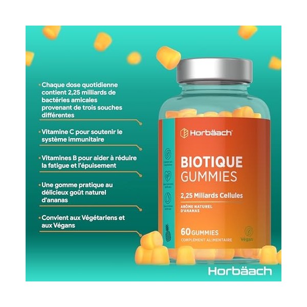 Biotique Flore Intestinale Gummies | 2,25 miliards Cellules | Multi-Souches : Lactobacillus Casei + Vitamines C, B3, B5, B6 |