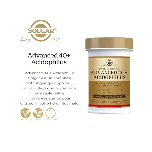 Solgar Advanced 40 Plus Acidophilus - Digestion - Transit - Probiotique - Favorise léquilibre de la Flore Intestinale - Micr