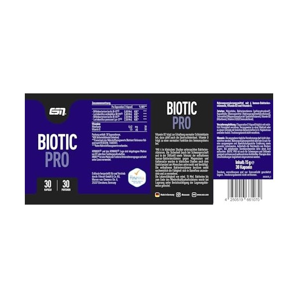 ESN Biotic Pro 30 gélules pour la flore intestinale 4 souches bactériennes cliniquement étudiées