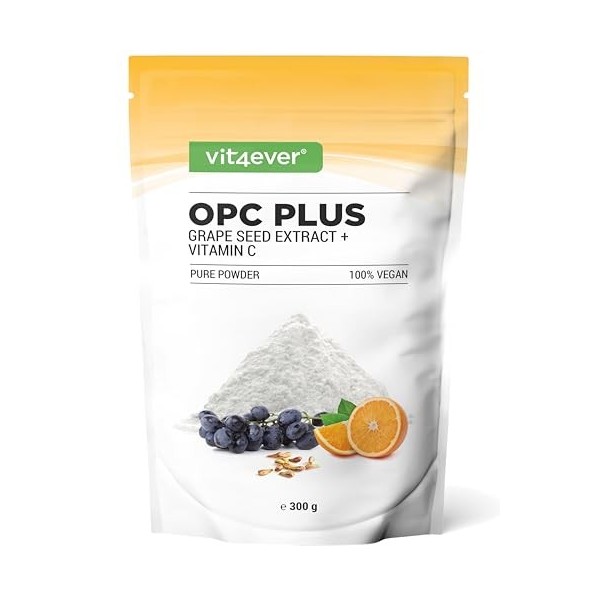 Extrait de pépins de raisin OPC + vitamine C - 300g de poudre - Pure OPC de raisins européens - Teneur en OPC de 70% selon la