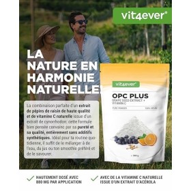 Extrait de pépins de raisin OPC + vitamine C - 300g de poudre - Pure OPC de raisins européens - Teneur en OPC de 70% selon la
