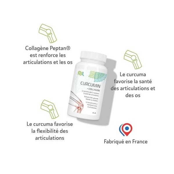 Curcumin + Collagen 60 Gélules - 95% Curcuminoïdes & 700 mg Collagène Peptan® - Complément Mobilité, Bien-Être, Équilibre - F