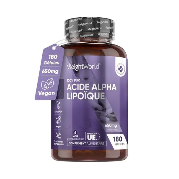 Acide Alpha-lipoïque 650 Mg - 180 Gelules Vegan - 100% Pur - Approvisionnement De 6 Mois - Alpha Lipoic Acid Pour Le Bien Etr