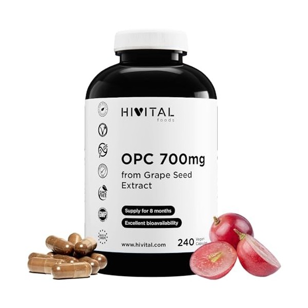 OPC Extrait de Pépins de RAISIN 700 mg. 240 gélules vegan pour 8 mois. LExtrait de Pépins de RAISIN contient 99% dOPC, une 