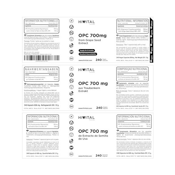 OPC Extrait de Pépins de RAISIN 700 mg. 240 gélules vegan pour 8 mois. LExtrait de Pépins de RAISIN contient 99% dOPC, une 