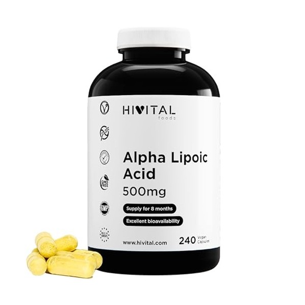 Acide Alpha Lipoïque ALA 500 mg. 240 gélules vegan pour 8 mois de traitement. Antioxydant qui aide à réduire linflammation
