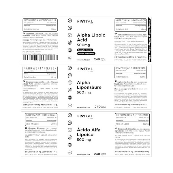 Acide Alpha Lipoïque ALA 500 mg. 240 gélules vegan pour 8 mois de traitement. Antioxydant qui aide à réduire linflammation