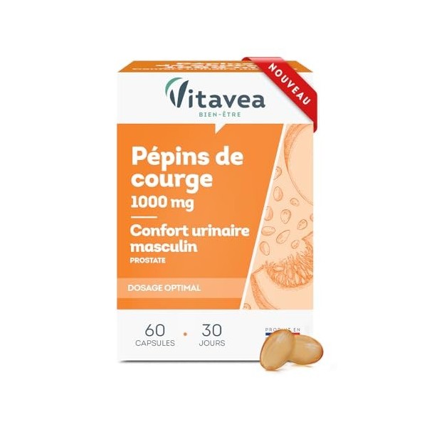 Vitavea - Pépin de Courge 1000MG - Complément alimentaire Homme - Confort Urinaire - Prostate - Huile de pépin de courge - 60