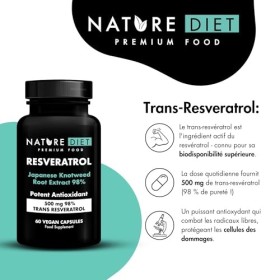 Nature Diet Resveratrol - 500 mg Trans-Resvératrol 98% - Extrait de Renouée du Japon - 60 Gélules Véganes - Soutien Antioxy