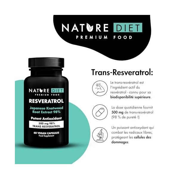 Nature Diet Resveratrol - 500 mg Trans-Resvératrol 98% - Extrait de Renouée du Japon - 60 Gélules Véganes - Soutien Antioxy