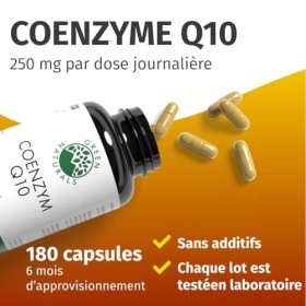 Coenzyme Q10 250 mg - 180 gélules végétaliennes 6 mois | Q10 de qualité supérieure, fermenté naturellement | Fabriqué en Al