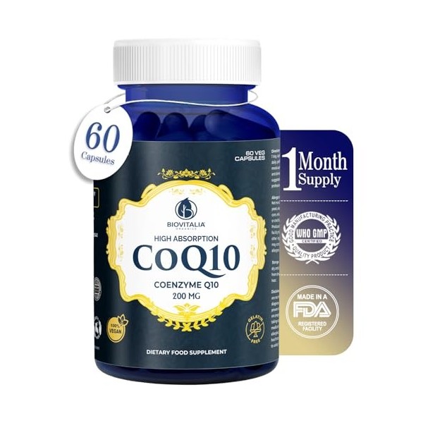 Biovitalia CoQ10 200 mg Capsules de Coenzyme Q10 pour la santé cardiaque enrichies en antioxydants élevés pour lénergie favo