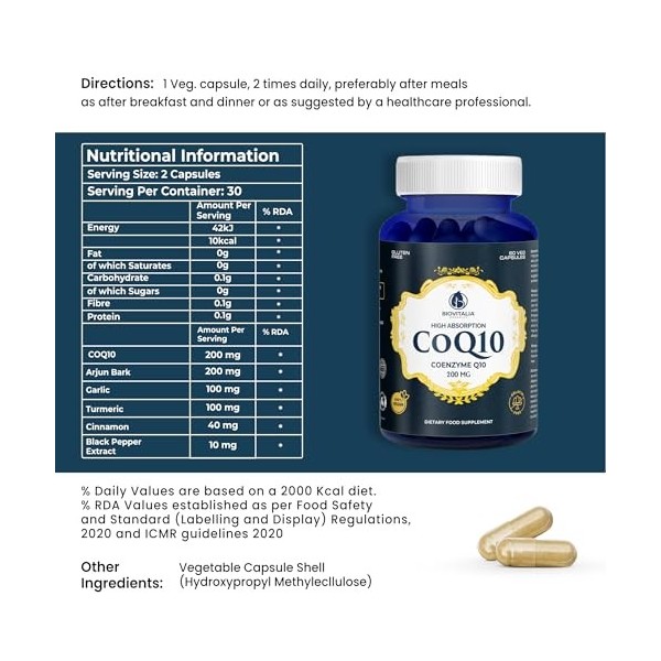 Biovitalia CoQ10 200 mg Capsules de Coenzyme Q10 pour la santé cardiaque enrichies en antioxydants élevés pour lénergie favo