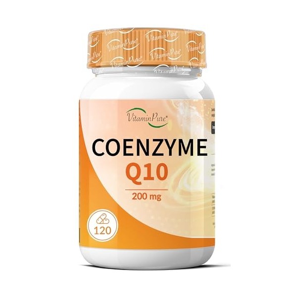 VitaminPure - Coenzyme Q10 200mg, 120 gélules avec Ubiquinone pure à haute dose, Coq10 naturellement fermenté 200mg, Coq10 à 