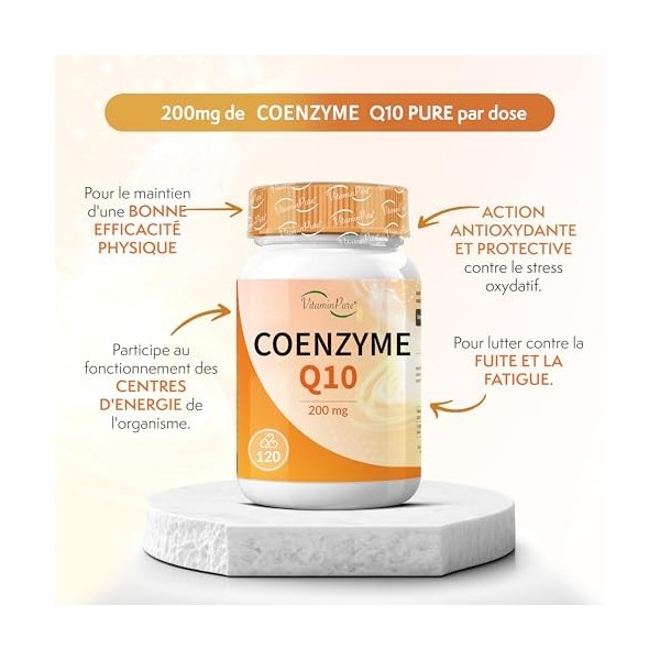 VitaminPure - Coenzyme Q10 200mg, 120 gélules avec Ubiquinone pure à haute dose, Coq10 naturellement fermenté 200mg, Coq10 à 