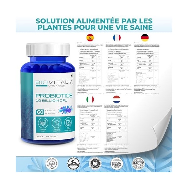 Biovitalia Organics Capsules probiotiques pour hommes et femmes 10 milliards dUFC | Soutien à la santé digestive et à la ges