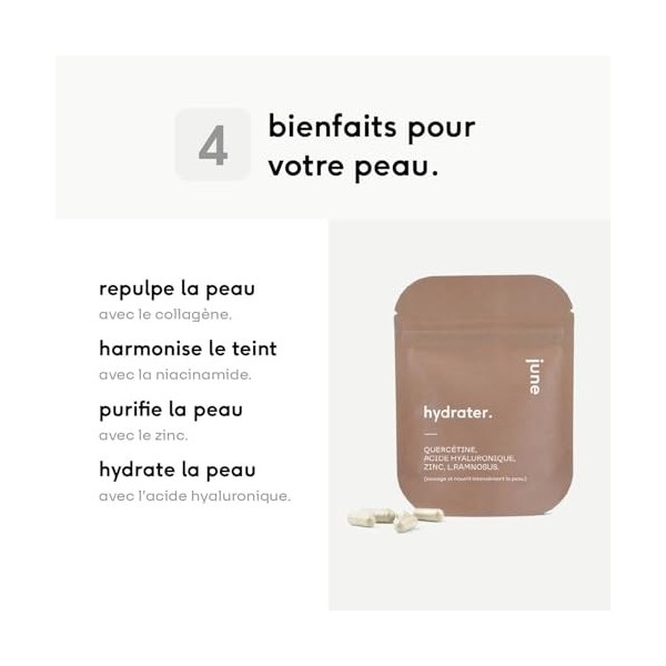 Quercétine, Acide Hyaluronique, Zinc, Lactobacillus Rhamnosus, Action Hydratante, Nourrit & Apaise la Peau, 60 gélules Végéta