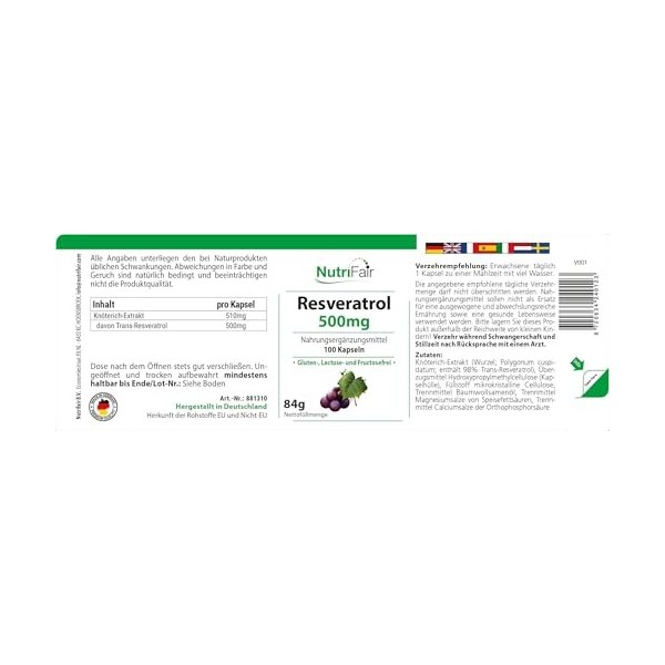 Resveratrol 500mg - avec 510mg dextrait de renouée dont 500mg de trans-resvératrol - 100 gélules - Hautement dosé - 100% vég