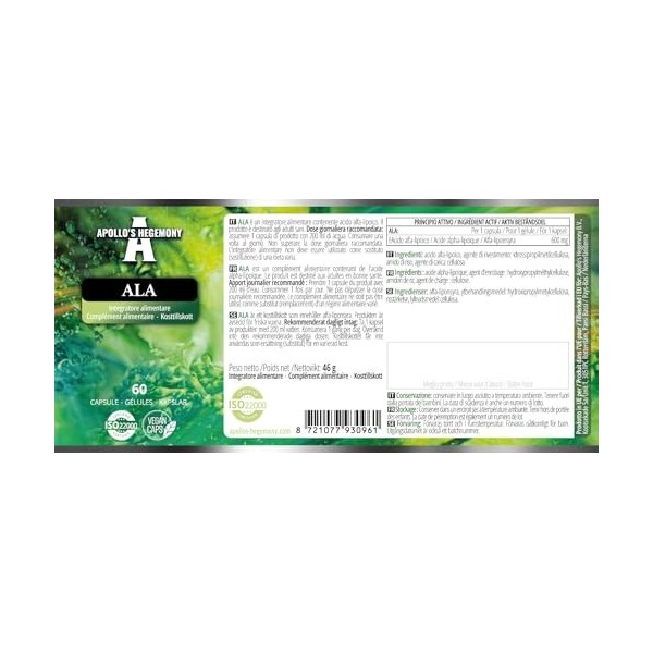 ALA Alpha Lipoic Acid 600 mg - 60 gélules végétaliennes - Optimise la gestion du glucose - Soutient la santé mitochondriale