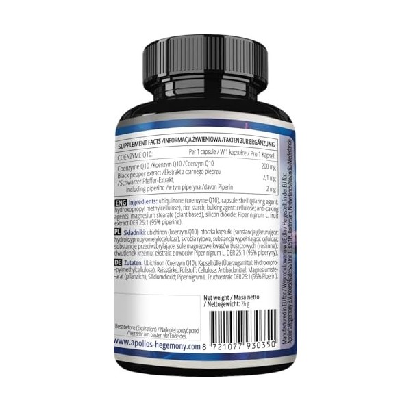 Coenzyme Q10 200mg - 60 gélules végétaliennes - 2 mois dapprovisionnement - Supplément pour des niveaux dénergie améliorés 