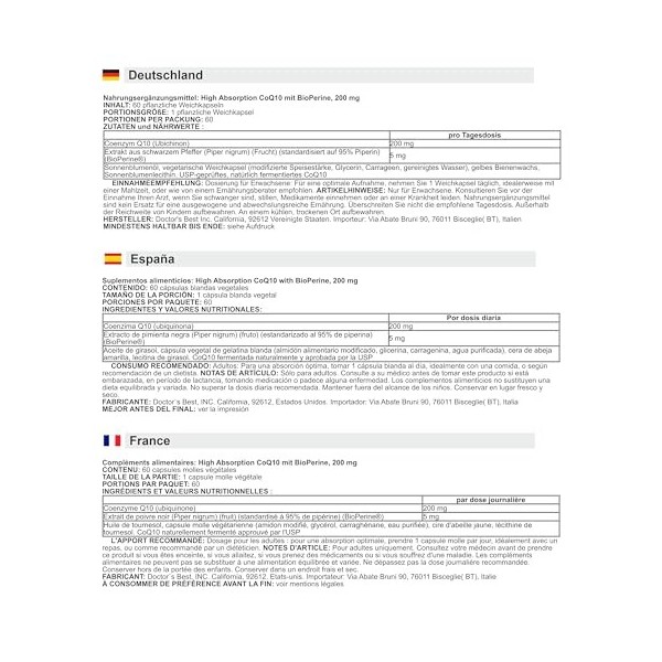 Doctors Best - CoQ10 haute absorption avec BioPerine | Coenzyme Q10, 200mg, 60 capsules molles