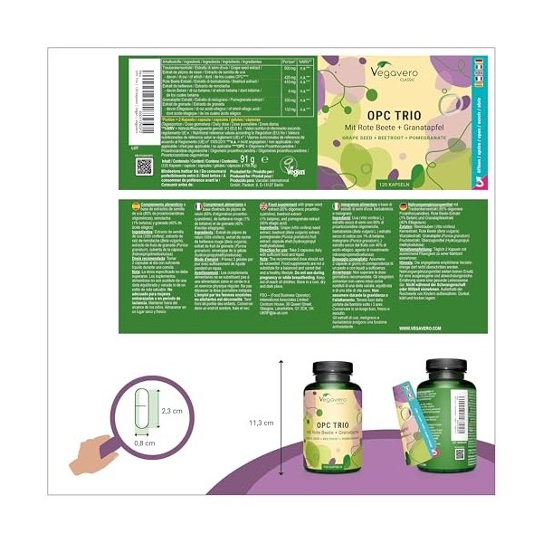 OPC Extraits de Pépins de Raisin | Antioxydant Puissant & Santé Cardiovasculaire | Avec Betterave Rouge & Grenade | Sans Addi