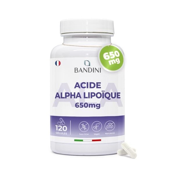 Bandini® Acide Alpha Lipoïque 650 mg - 120 gélules végétales - R-alpha-lipoïque Hautement Dosé - Absorption maximale - Antiox