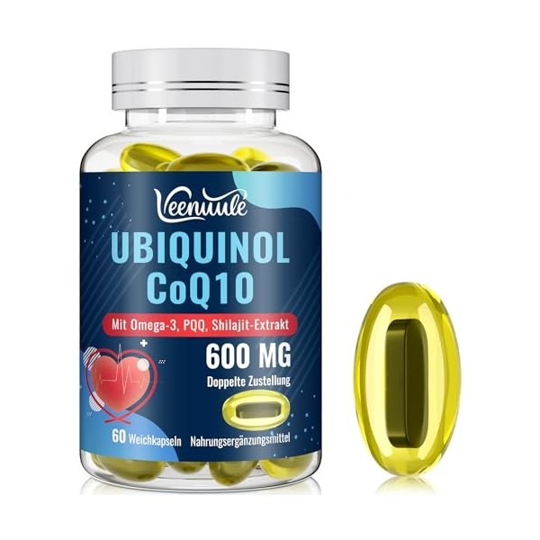 Ubiquinol CoQ10 600 mg Capsules Molles Avec Extrait de Shilajit 300 mg, Omega-3 150 mg, PQQ 20 mg - Système de Livraison Dual
