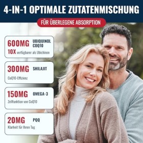 Ubiquinol CoQ10 600 mg Capsules Molles Avec Extrait de Shilajit 300 mg, Omega-3 150 mg, PQQ 20 mg - Système de Livraison Dual