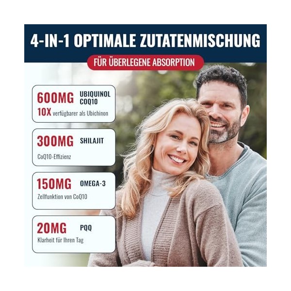 Ubiquinol CoQ10 600 mg Capsules Molles Avec Extrait de Shilajit 300 mg, Omega-3 150 mg, PQQ 20 mg - Système de Livraison Dual