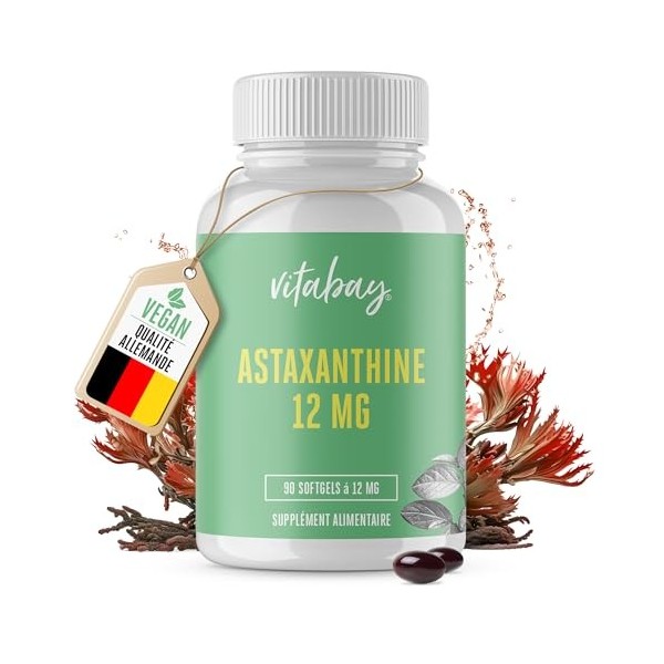 Vitabay Astaxanthine 12 mg - 90 Capsules dAstaxanthin Pure Extraite de la Microalgue Haematococcus Pluvialis - Végane et à H