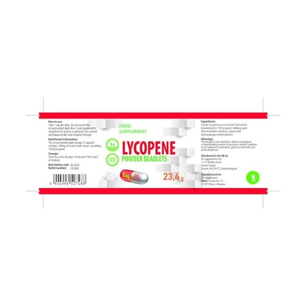 Lycopène 10% Beadlet 15 mg, 90 gélules végétaliennes, antioxydant naturel, supplément haute résistance