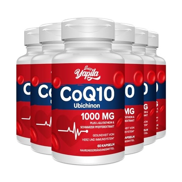 CoQ10 avec L-Glutathion 1000mg Gélules 6 Paquets - 100% Coenzyme Q10 Fermentée, Coenzyme Q10 Hautement Dosée, Antioxydant Co