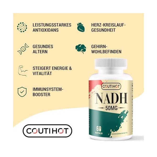 NADH 50mg Plus 200mg CoQ10, boost dénergie et antioxydant, Fortement dosé | Haute absorption, 240 gélules