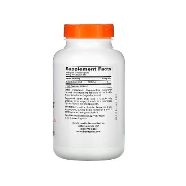 Doctors Best Alpha Lipoic Acid, 600mg - 180 gélules | Antioxydant Puissant et Soutien pour la Santé