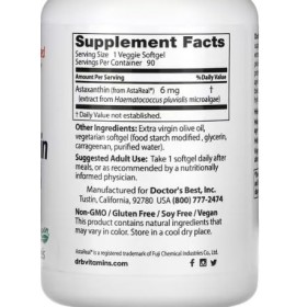 Doctors Best Astaxanthine avec AstaPure, 6 mg - 90 Gélules Végétariennes | Antioxydant Puissant pour la Santé des Yeux et de