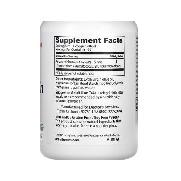 Doctors Best Astaxanthine avec AstaPure, 6 mg - 90 Gélules Végétariennes | Antioxydant Puissant pour la Santé des Yeux et de