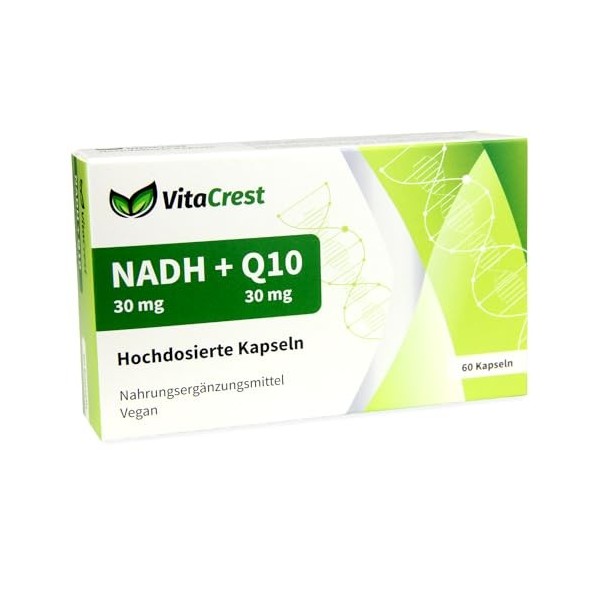 VitaCrest Hochreines NADH + Q10 Kapseln, Deutsches Produkt, Vegan, Hochdosiert und Magensaftresistent, mehr Energie und Konze