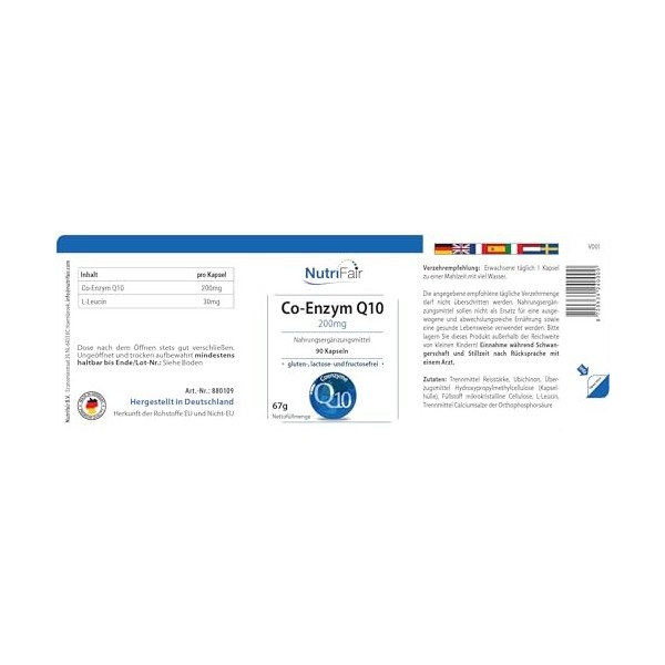 Co-Enzyme Q10 200mg - 90 Capsules - Hautement Dosé - 100% Végétalien - Production Allemande & Tests en Laboratoire - NutriFai