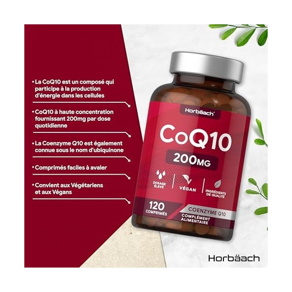 Coenzyme Q10 200mg Ubiquinone | CoQ10 200mg | 120 comprimés | Convient aux végétariens et végétaliens | by Horbaach