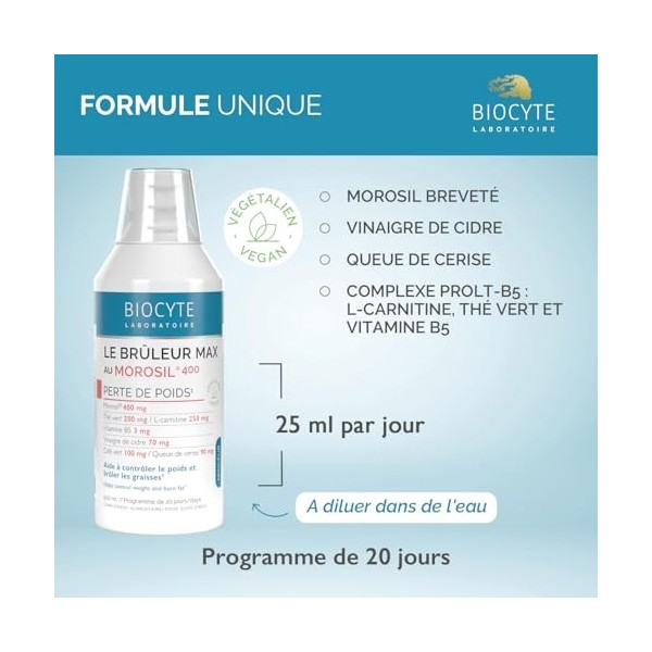 BIOCYTE Brûleur Max Au Morosil Goût Cerise - Morosil 400mg, Vinaigre De Cidre & Thé Vert - Programme 20 Jours