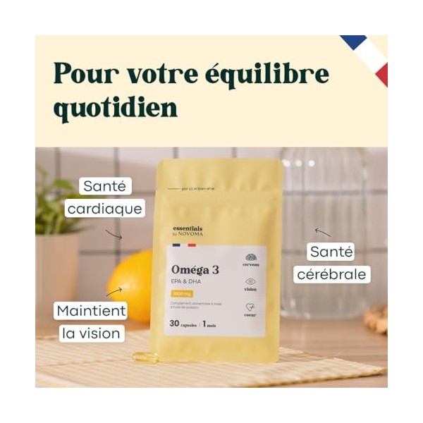 Oméga 3 Huile de Poisson Sauvages 1000mg, Pure et Concentrée, 30 capsules, Riche en EPA et DHA, Santé du Coeur & Vision, Fabr
