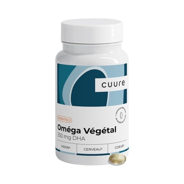 Omega 3 Vegan - CUURE - Huile dAlgues Marines - 45 Jours - Oméga 3 riches en DHA & EPA - 45 Gélules - Concentration, Vision,